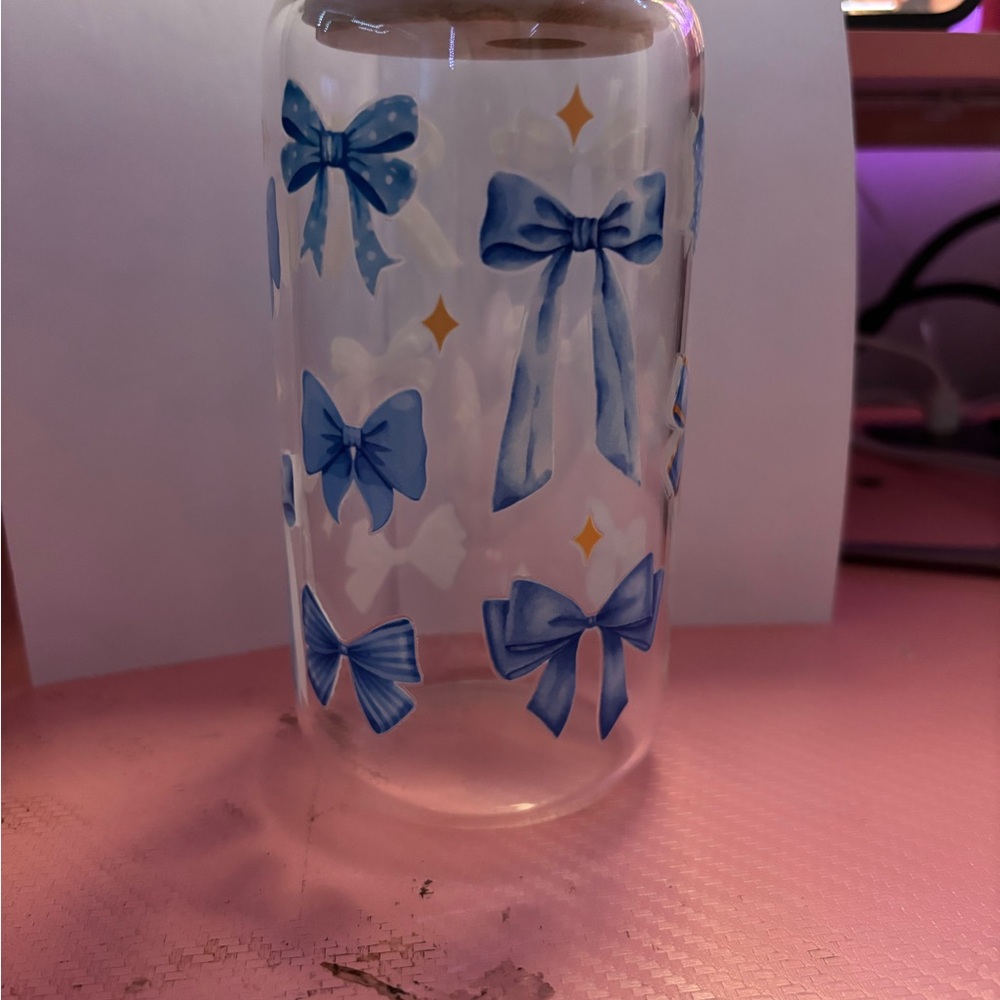 Glass Cup with Blue Bows